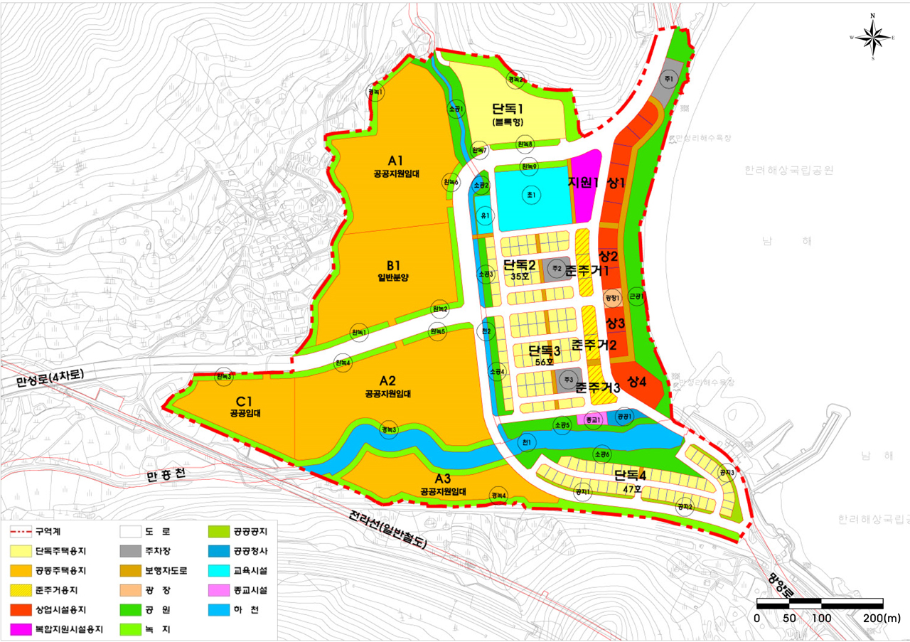 여수 만흥지구 공공지원민간임대주택 공급촉진지구 토지이용계획(안) 당초 안. 빨간색이 상업지구. 
