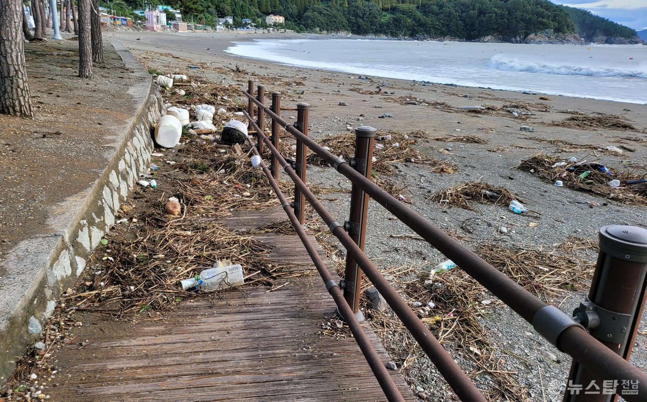 6일 오전 만성리 해수욕장에 밀려든 쓰레기. (사진=마재일 기자)