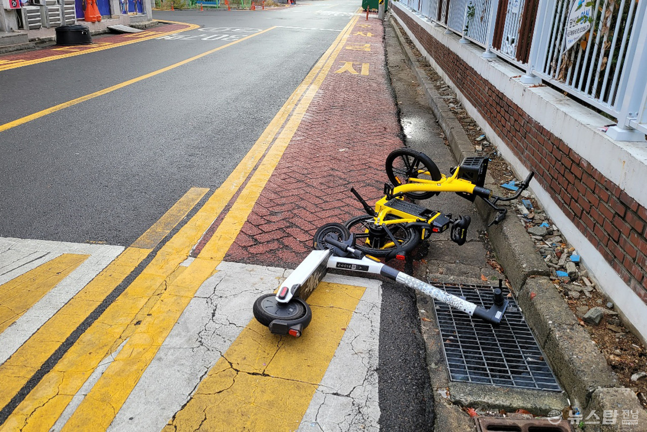 ▲ 도로에 방치된 전동 킥보드와 전기 자전거. (사진=마재일 기자)