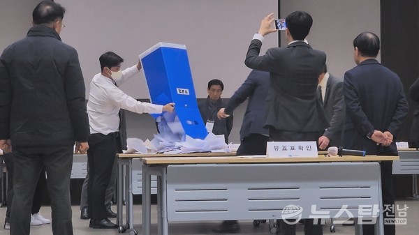 ▲23일 여수상공회의소 의원 후보자 선출을 위한 개표를 진행하고 있다.(사진=김종호 기자)<br>